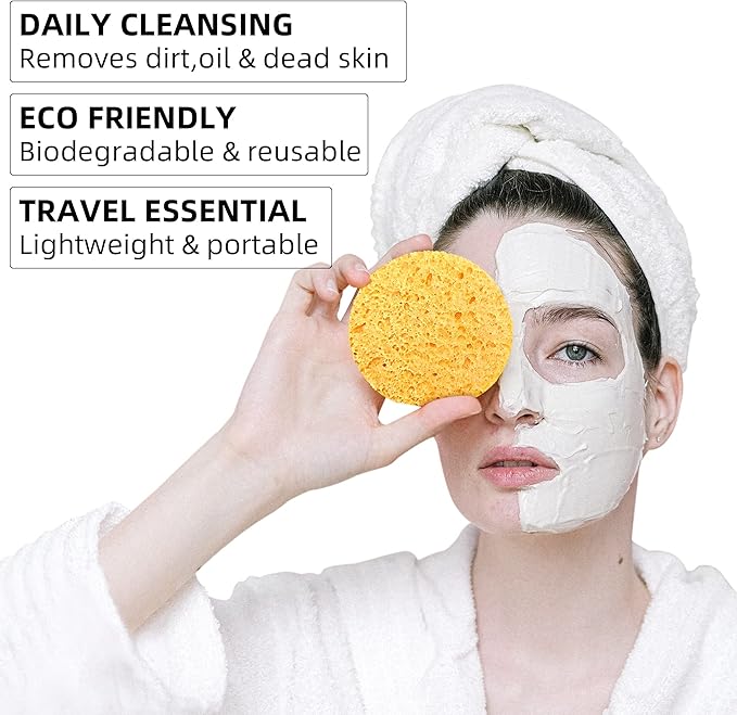 60-Count Compressed Facial Sponges|100% Natural Kickleen Cellulose Cosmetic Spa Sponges for Daily Facial Cleansing|Makeup and Mask Removal | Exfoliating | Skin Massage | Pore Exfoliation (Yellow)