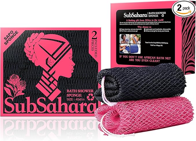SubSahara Authentic African Net Sponge, 4 Pack 45-Inch Exfoliating Bath Sponge and Shower Loofah for Body and Back, Colorfast Quick-Dry Knotted Mesh Scrubber with Travel Pouch