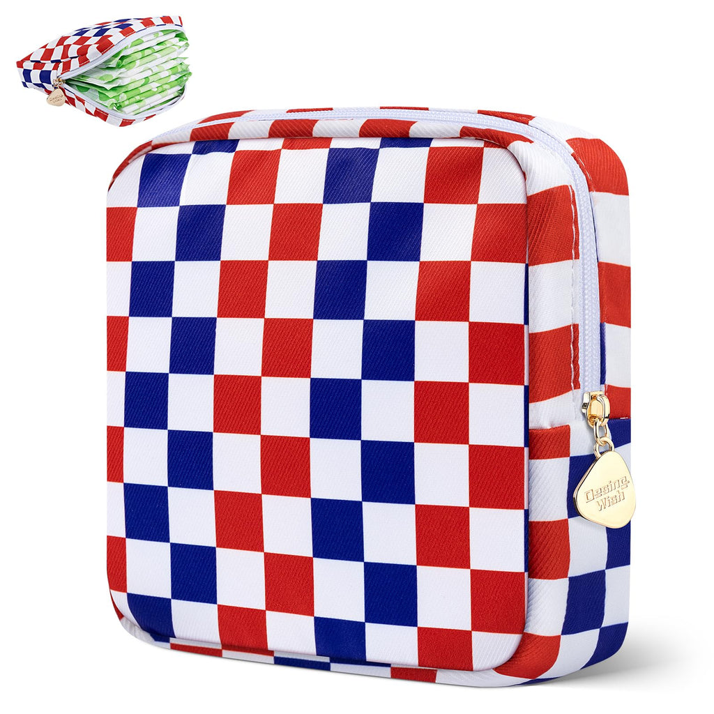 Desing Wish Period Bag Pouch Soft Cloth Sanitary Napkin Storage Bag Portable Menstrual Pad Pouches Tampon Holder for Purse First Period Kit for Girls 9-12 (Red-Blue Check)