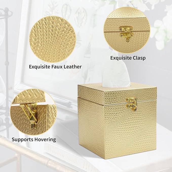 UPPER DECOR Gold Tissue Box Cover, Elegant Square Tissue Box Holder for Bathroom, Bedroom, and Office, Modern Decorative Tissue Box for Home Décor