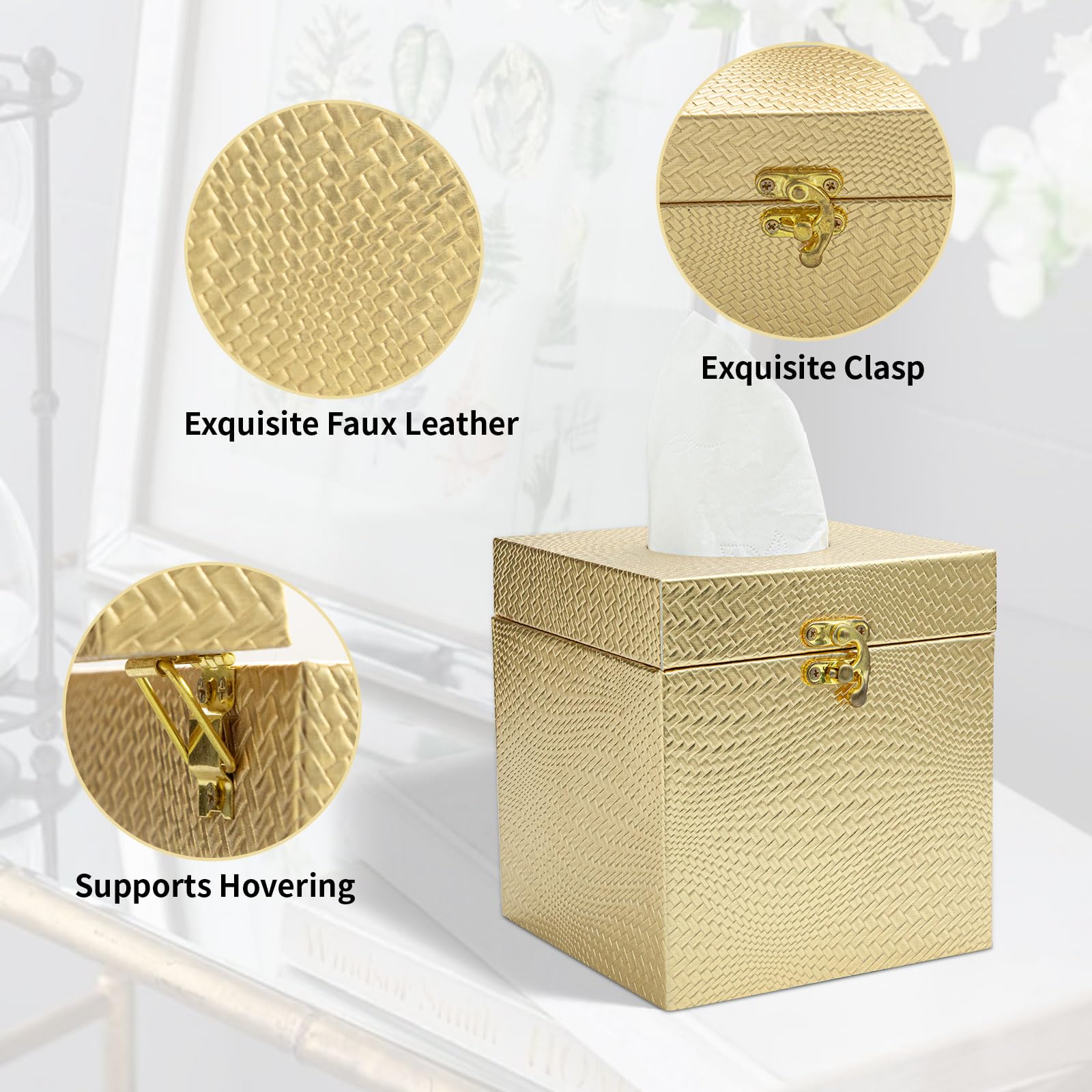 UPPER DECOR Gold Tissue Box Cover, Elegant Square Tissue Box Holder for Bathroom, Bedroom, and Office, Modern Decorative Tissue Box for Home Décor