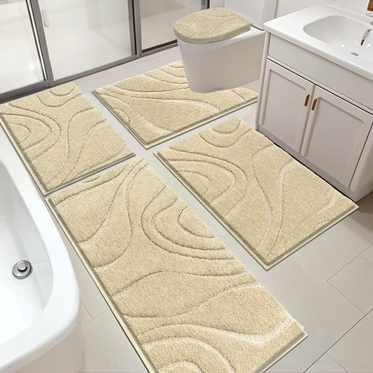 HEBE Bathroom Rugs Sets 5 Piece, Non Slip Washable Absorbent Bath Mat Set