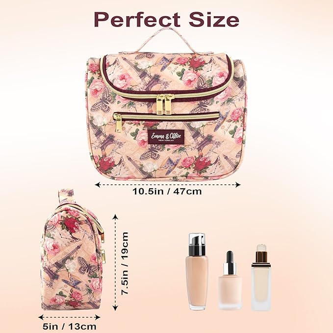 Emma & Chloe Large Cosmetic Case Makeup Organizer, Toiletry Bag for Women | 4 Section Waterproof Travel Make Up Organizing Bags (Pretty in Paris)