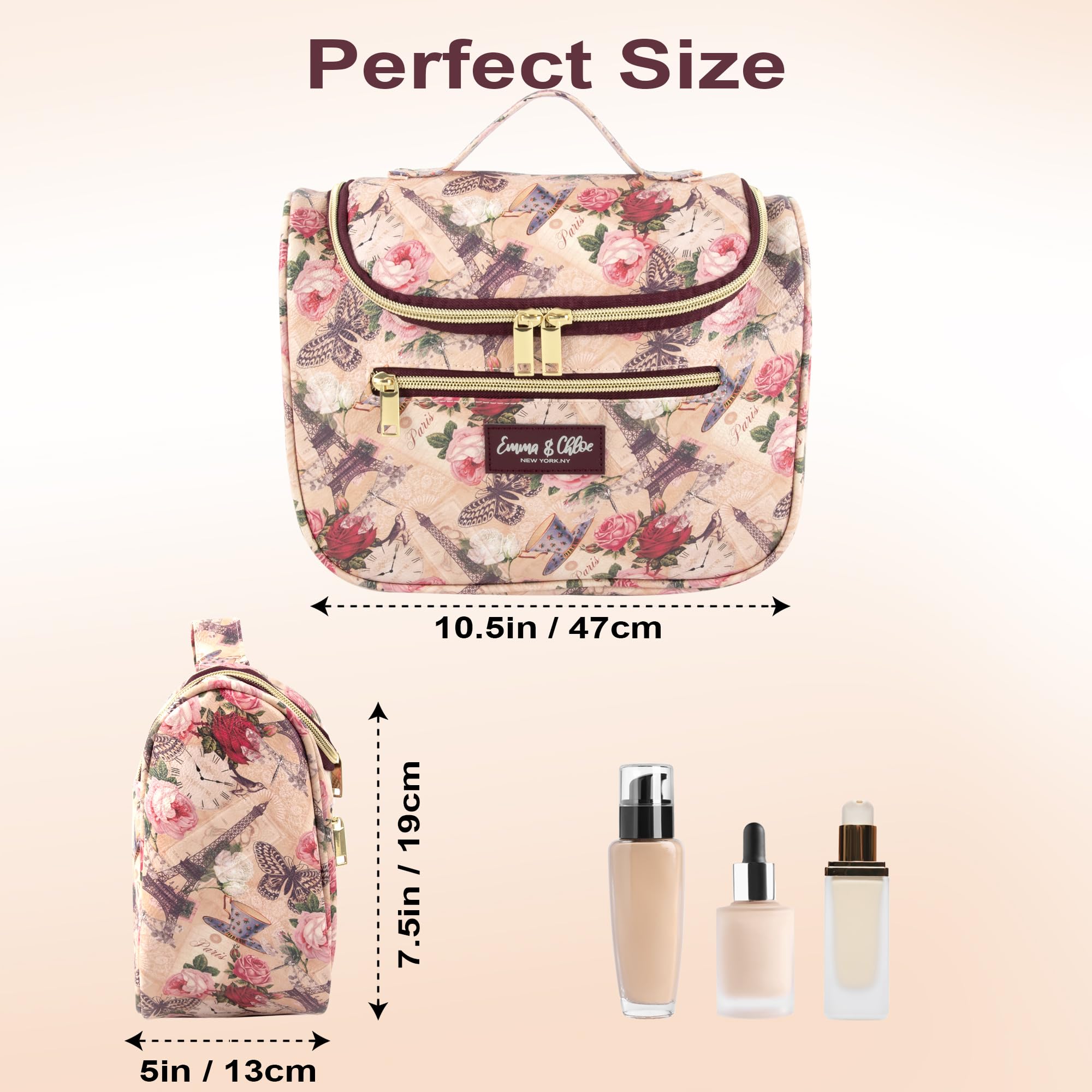 Emma & Chloe Large Cosmetic Case Makeup Organizer, Toiletry Bag for Women | 4 Section Waterproof Travel Make Up Organizing Bags (Pretty in Paris)