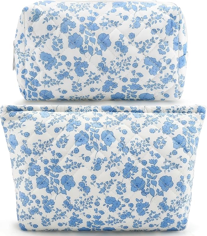 Lestp 2Pcs Small Makeup Bag Quilted Cosmetic Bag Flower Pencil Case Travel Makeup Bag Set for Women Cute Cosmetic Pouch Aesthetic Cotton Toiletry Organizer Storage Bags Puffy Zipper Pouch A