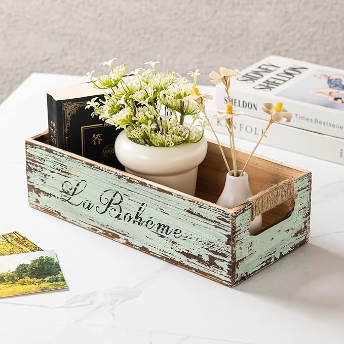 TIMRIS Farmhouse Distressed Wooden Storage Box, Rustic Bathroom Decor Box, Decorative Toilet Tank Basket Nice Butt, Vintage Countertop Organizer Box with Handles (Distressed Green)