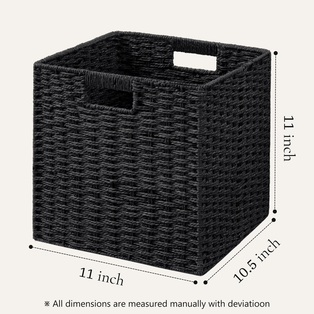 UBBCARE 2 Pack Wicker Basket, 11L×11H×10.5W inch Woven Paper Rope Storage Baskets for Shelves, Foldable Cube Storage bin with Handle, Storage Basket for Organizing & Decor, Black