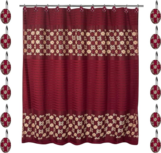 Zahari Home 13pc Elegant Rose Bathroom Shower Curtain Sets Elegant Shower Curtain & 12 Shower Curtain Rings Contemporary Decor Burgundy Shower Curtain Unique Design Stylish Shower Accessories