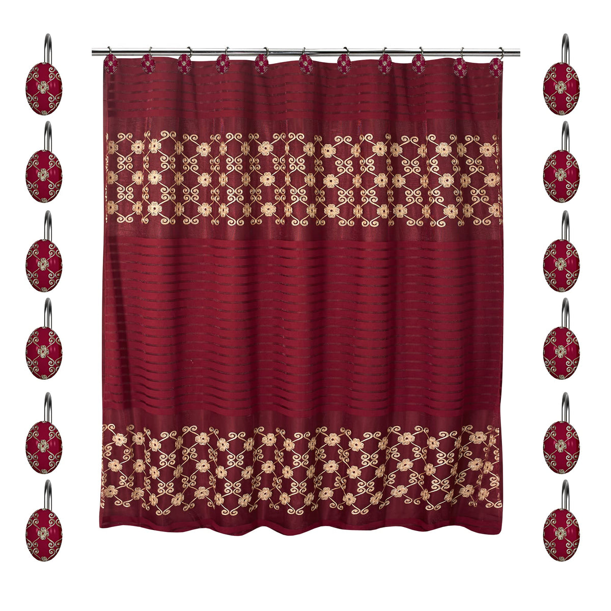 Zahari Home 13pc Rose Vine Bathroom Sheer Shower Curtain Sets Sheer Shower Curtain & 12 Shower Bathroom Hooks Modern Classic Luxury Contemporary Decor Beige Shower Curtain Set