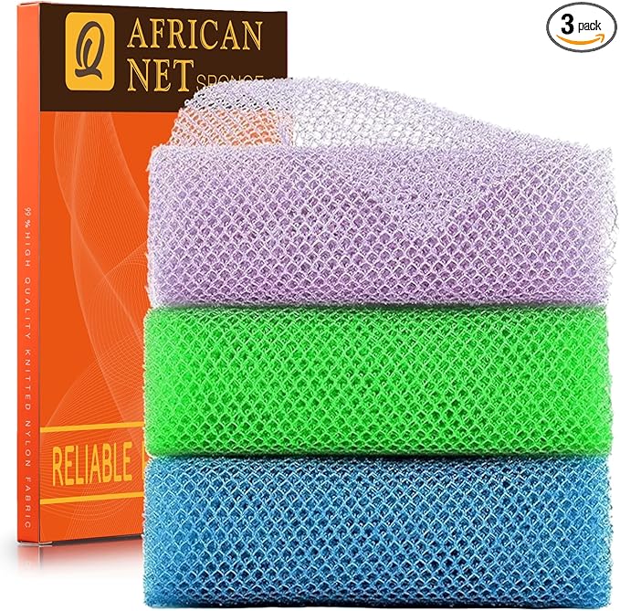3 Piece Bright Style African exfoliating net Exfoliating Shower Set Long Bath Sponges for Smooth, Refreshed Skin, The Exterior Gleams - Ideal for Daily Use (Bright Yellow, Purple)