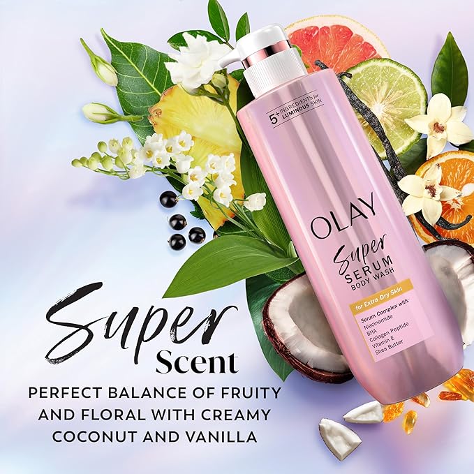 Olay Super Serum Body Wash for Extra Dry Skin, 24hr Long Lasting Hydration, 5+ Ingredient Complex for Bright Even Firm Luminous Skin, 18.5 Fl Oz