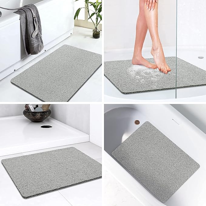 LuxStep Shower Mat Bathtub Mat,24x36 inch, Non-Slip Bath Mat with Drain, Quick Drying PVC Loofah Bathmat for Tub,Shower,Bathroom,Grey