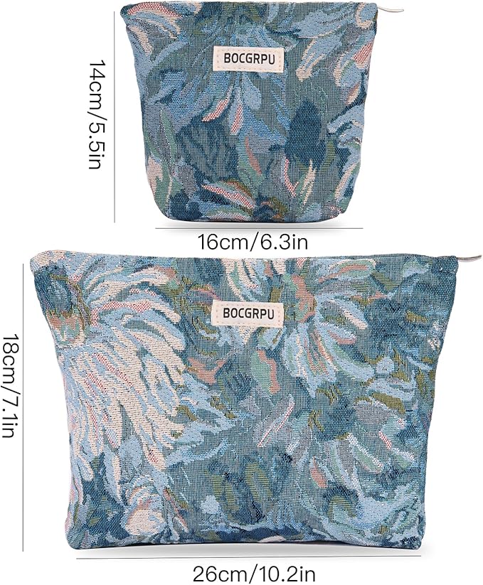 BOCGRPU 2 Pcs Aesthetic Cosmetic Bag Set, Vintage Jacquard Floral Makeup Pouches for Purse Travel, Large Capacity Tapestry Toiletry Organizer with Zipper, Gifts for Women Girls (Oil Painting Blue)