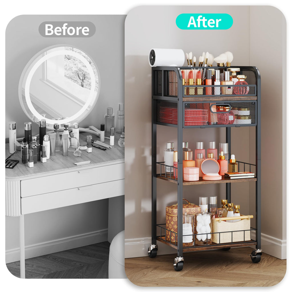 HapiRm Makeup Organizer Storage Cart - 4 Tier Skincare Make Up Storage with Drawer, Rolling Makeup Cart Vanity Organizer Cosmetics Display Cases Holder for Skin Care Perfume Nail Polish Brush