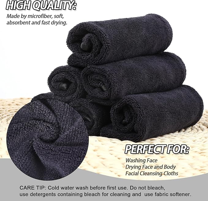 PHOGARY 6 Pack Microfiber Body Wash Mitts Shower Gloves, Reusable Makeup Remover Mitt, Soft Face Towel Mitts Facial Cleansing Bath Wash Cloth, Spa Glove, 14×20 cm, Black