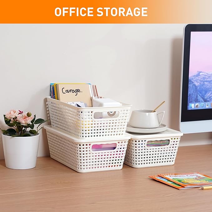 Anywish Plastic Storage Baskets With Lid, Storage Bins for Organizing, Stackable Decorative Containers for Shelves Drawers Desktop Closet Playroom Classroom Office, 10 Pack-White