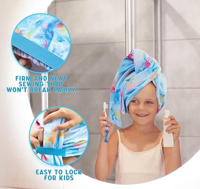 WAWSAM 2 Pack Kids Hair Drying Towel Wrap - Microfiber Hair Towel for Girls, Quick Dry Hair Cap with Button & Elastic Loop(Pink&Blue)