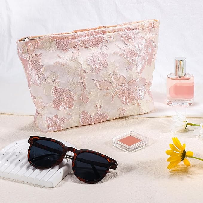 URSKYTOUS Flower Makeup Bag Travel Large Floral Cosmetic Bags for Women Cute Makeup Pouch Zipper Cosmetic Pouch for Purse Embossed Pink Aesthetic Make up Organizer Bag Portable Toiletry Bag