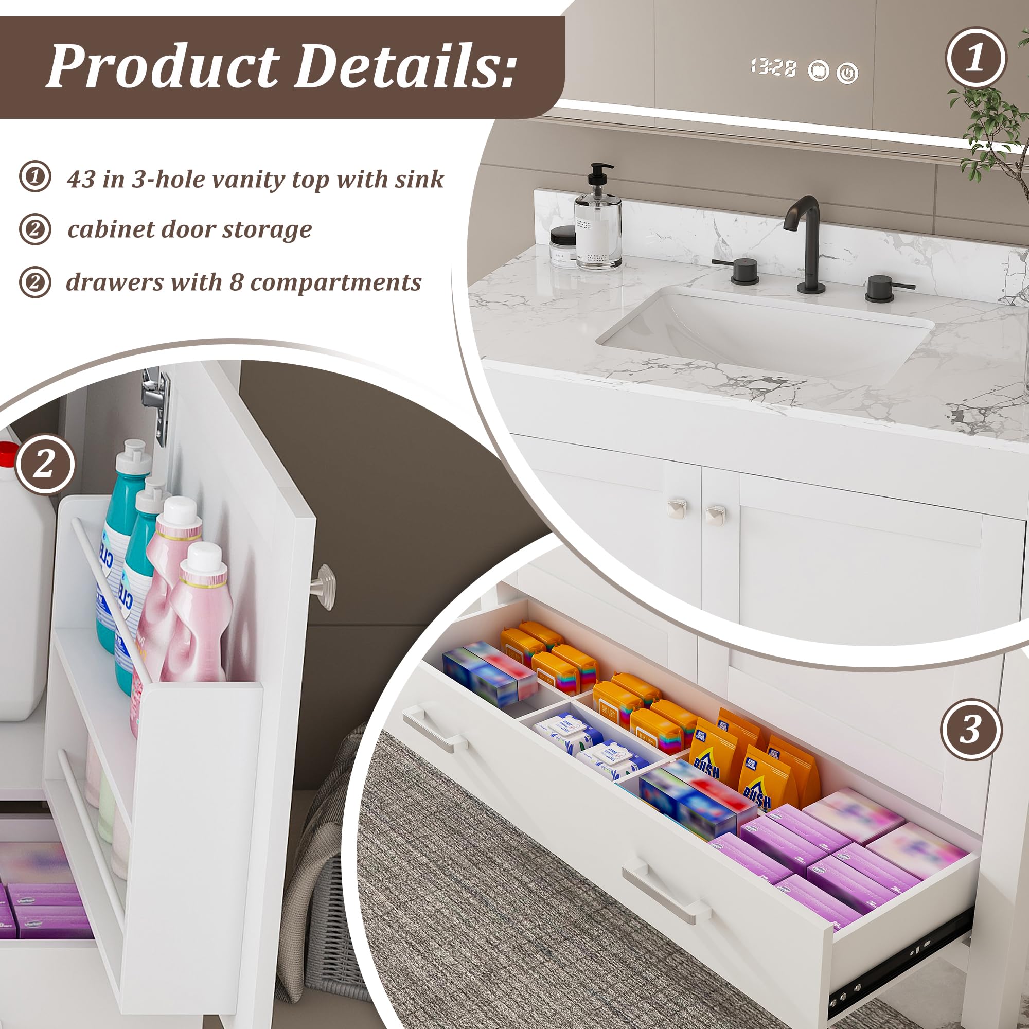 Montary 42" Bathroom Vanity with 43" Artificial Marble Carrara White Top, Modern Stylish MDF Bathroom Storage Cabinet, Vanity Set with 2 Doors and One Large Divided Drawer, White (Three Holes)