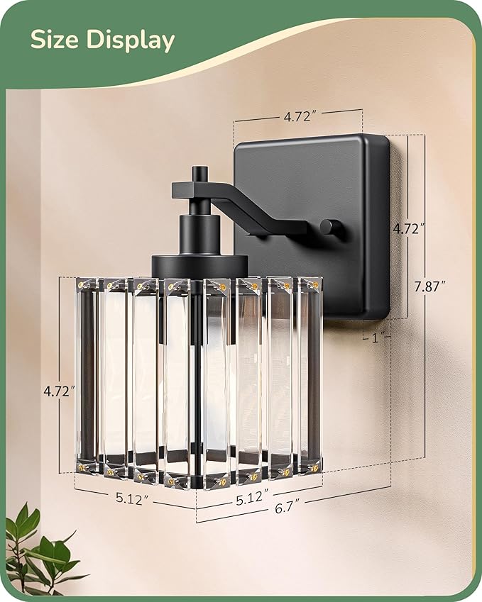 EDISHINE Hardwired Black Crystal Wall Sconces Set of 2, Modern Vanity Light