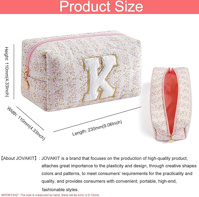 JOVAKIT Alphabet Makeup Bag Cosmetic Bag for Women, Christmas Gifts for Girls Age 6-18, Floral Flowers Coquette Travel Toiletry Zipper Make Up Pouch Organizer Trendy Stuff (Pink Floral K)