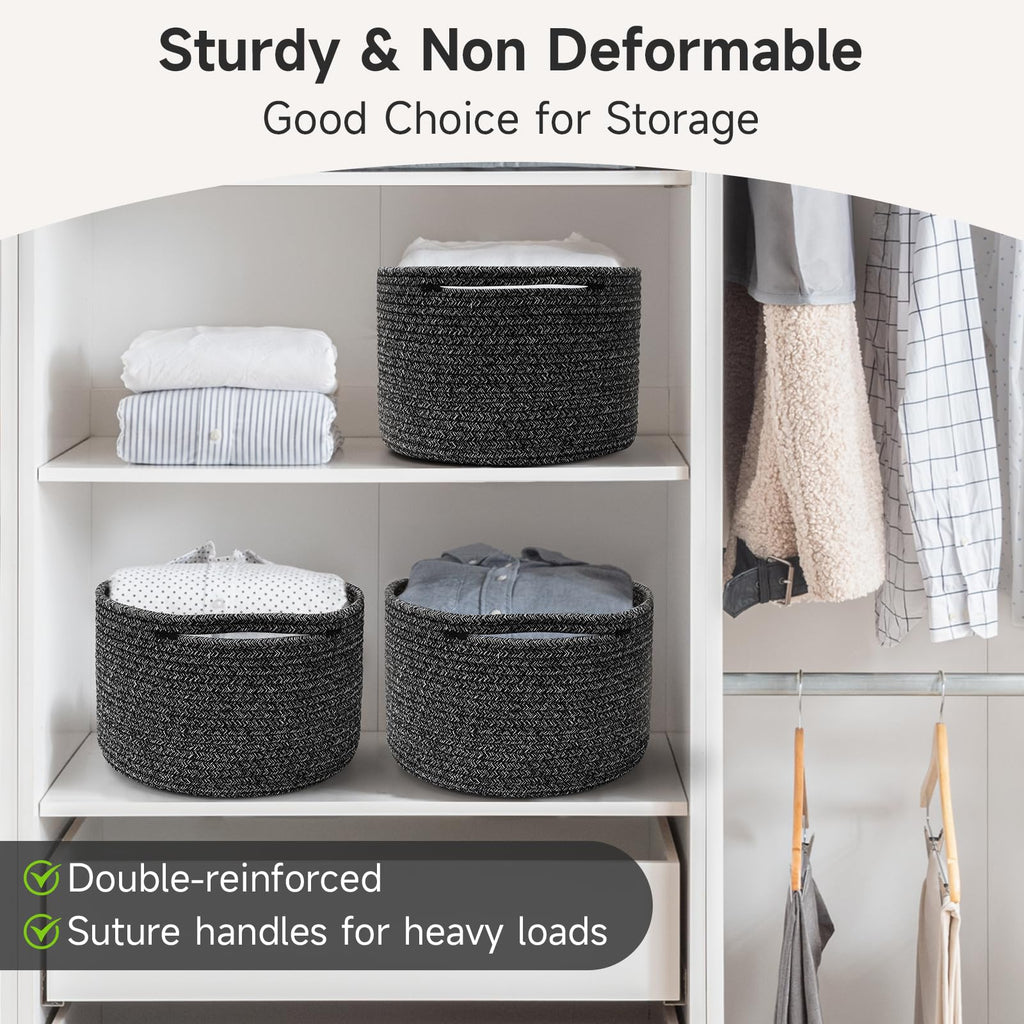 Maxuni 3 Pack Small Rope Storage Baskets, 9.82×9.82×7.1", Black