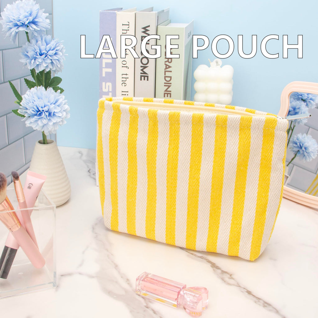 Flat Makeup Bag for Women,Zipper Cosmetic Pouch for Purse,Stripe Yellow