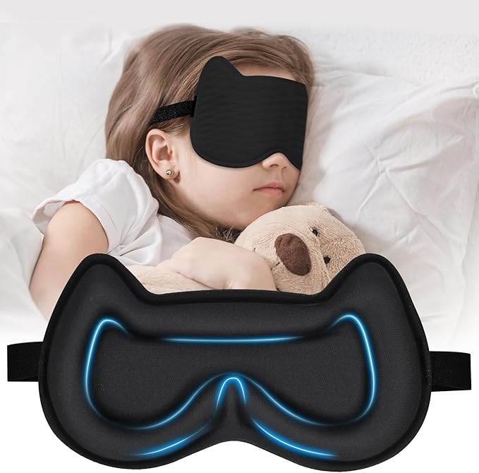 Kids Sleep Mask for Sleeping – Soft 3D Contoured Eye Mask for Kids, Comfortable No-Pressure Eye Cover with Memory Foam for Travel, Naps & Airplane, Boys & Girls (Black)