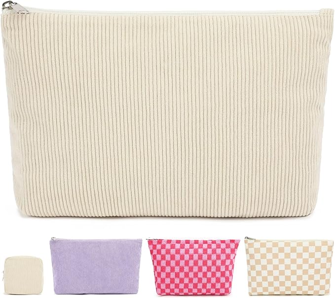 Fammart Corduroy Makeup Bag, Travel Cosmetic Bag Organizer Toiletry Bag Make Up Bags with Zipper & Compartments for Women Girls