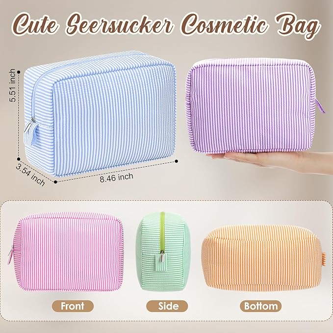 Sanwuta 9 Seersucker Cosmetic Bag Bulk Striped Makeup Bag for Women Aesthetic Cute Travel Toiletry Organizer Preppy Storage Pouch for Wedding Bridesmaid Mother's Day Teacher Gift (Large,Candy Color)