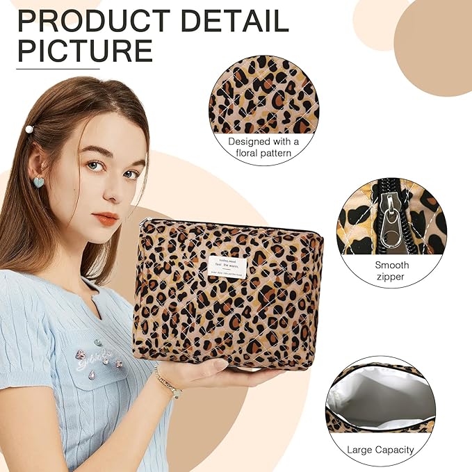 Gosect 2PC Makeup Bag Set, Cute Cosmetic Bag for Women Girls, Floral Coquette Aesthetic Toiletry Bag, Travel Make Up Organizer Bag (Leopard Print)