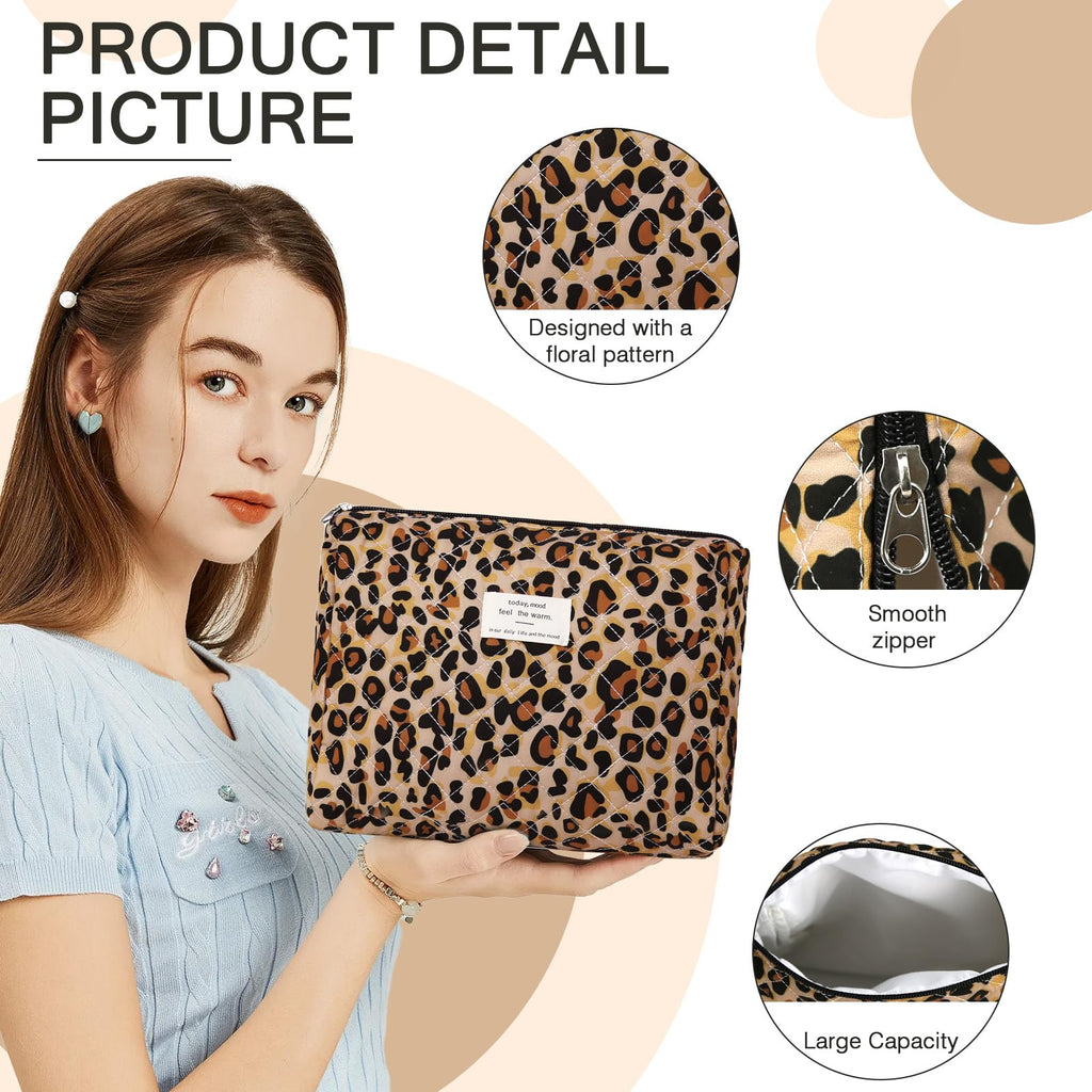 Gosect 2PC Makeup Bag Set, Cute Cosmetic Bag for Women Girls, Floral Coquette Aesthetic Toiletry Bag, Travel Make Up Organizer Bag (Leopard Print)