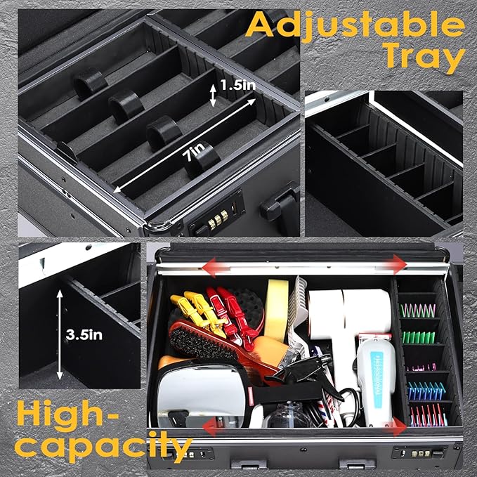 Yueieoun Barber Case with Clippers Sliding Tray, Profesional Barbers Briefcase Tool Case, Travel Barber Cases for Clippers and Supplies, Hair Scissors Trimmer Organizer, Salon Grooming Hard Suitcase