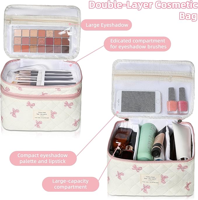 Gosect Makeup Bag, Portable Travel Make up Bag, Large Capacity Quilted Cosmetic Organizer Bag, Cute Floral Toiletry Bag for Women Girls (Pink Bow)
