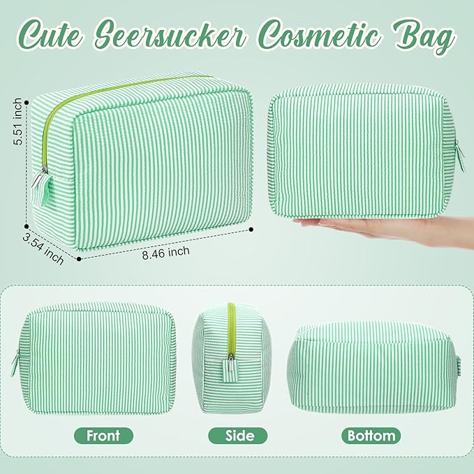 Sanwuta 6 Seersucker Cosmetic Bag Bulk Striped Makeup Bag for Women Aesthetic Cute Travel Toiletry Organizer Preppy Storage Pouch for Wedding Bridesmaid Mother's Day Teacher Gift (Large,Green)