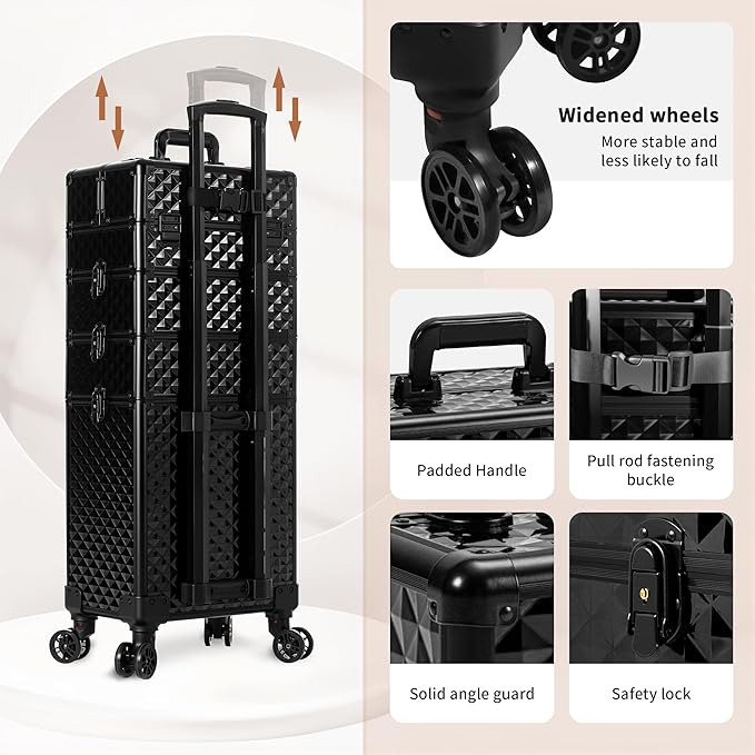 AROUS Rolling Train Makeup Case Cosmetology Case on Wheels, Black