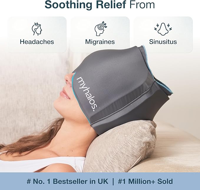 MyHalos® Migraine Relief Cap,30% Thicker,2X More Cooling Gel -Stays Colder for Longer, Ice Hat, Ice Pack Head Wrap, Cold Headaches & Migraine Mask - Tension Headache Relief Cap (Gray) FSA|HSA Eligible