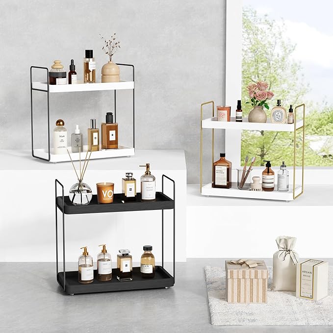 Forbena White Bathroom Organizer Countertop, Kitchen Counter Shelf Organizer for Coffee Bar Station, Makeup Vanity Organizers and Storage, Tiered Sink Tray for Perfurm Skincare (White and Grey)