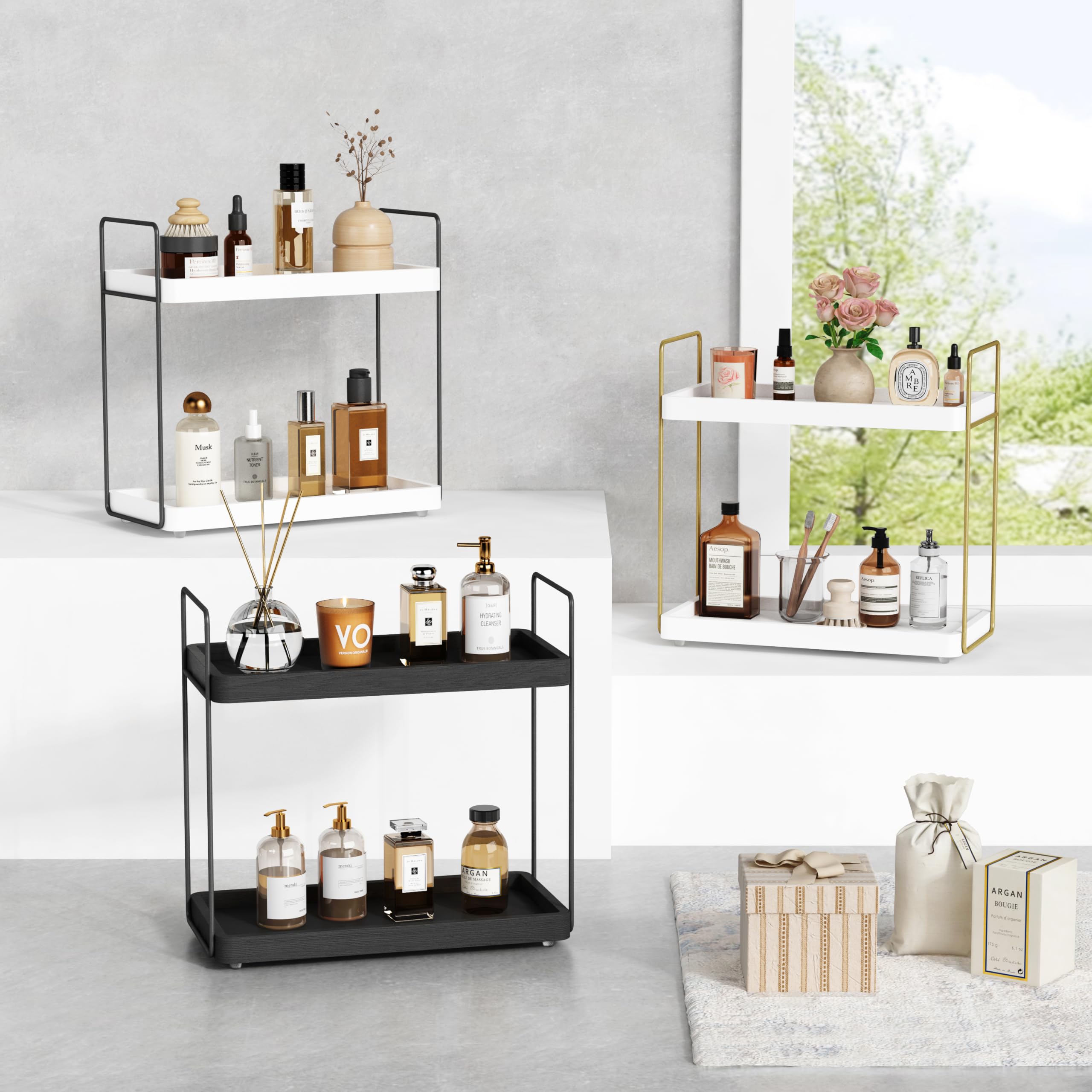 Forbena White Bathroom Organizer Countertop, Kitchen Counter Shelf Organizer for Coffee Bar Station, Makeup Vanity Organizers and Storage, Tiered Sink Tray for Perfurm Skincare (White and Grey)