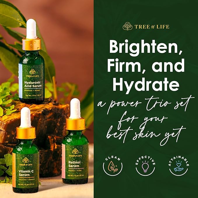 Tree of Life Beauty Facial Skin Care Set, Brightening, Firming & Hydrating Face Serums - Vitamin C, Retinol & Hyaluronic Acid for Smooth Radiant Skin, Dermatologist Tested, 1 Fl Oz (Pack of 3)