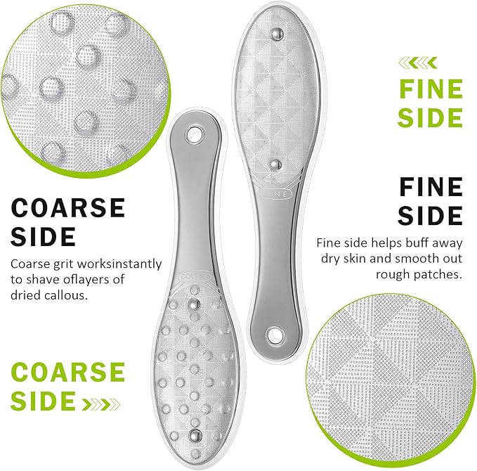 2 Pcs Foot File Metal Stainless Steel Double Sided Feet Rasp Surface Scraper Scrubber Professional Grater Heel Corns Callus Remover Pedicure Care Tools for Wet Dry Hard Dead Skin