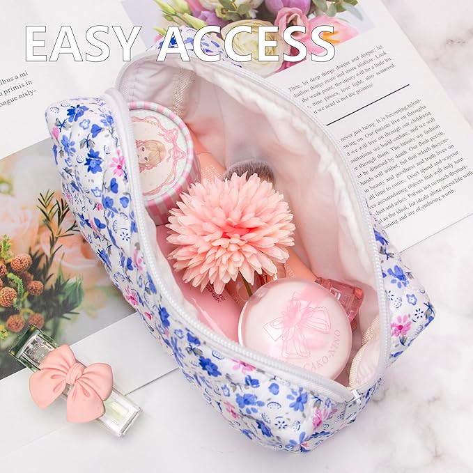 PAZIMIIK Small Quilted Makeup Bag,Zipper Cosmetic Pouch,Floral Blue,6 Pack