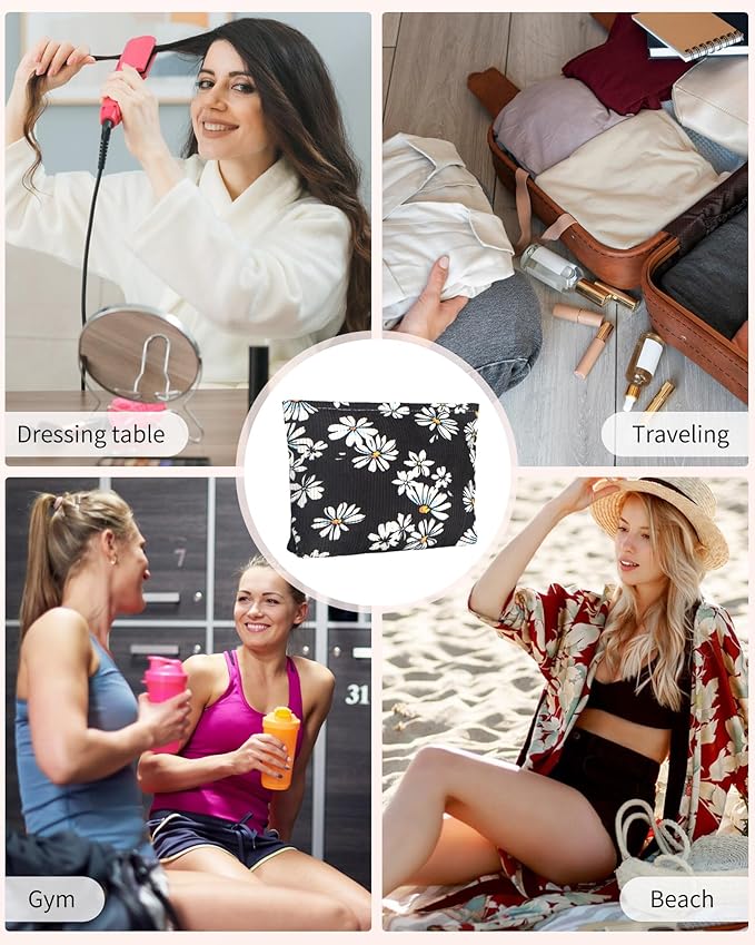 Ksriylm Cute Elegent Black Floral Flower Makeup Pouch for Women Small Make Up Bag for Purse Zipper Initial Makeup Cosmetic Bags Pouches for Purse Aesthetic Travel Toiletry Bags