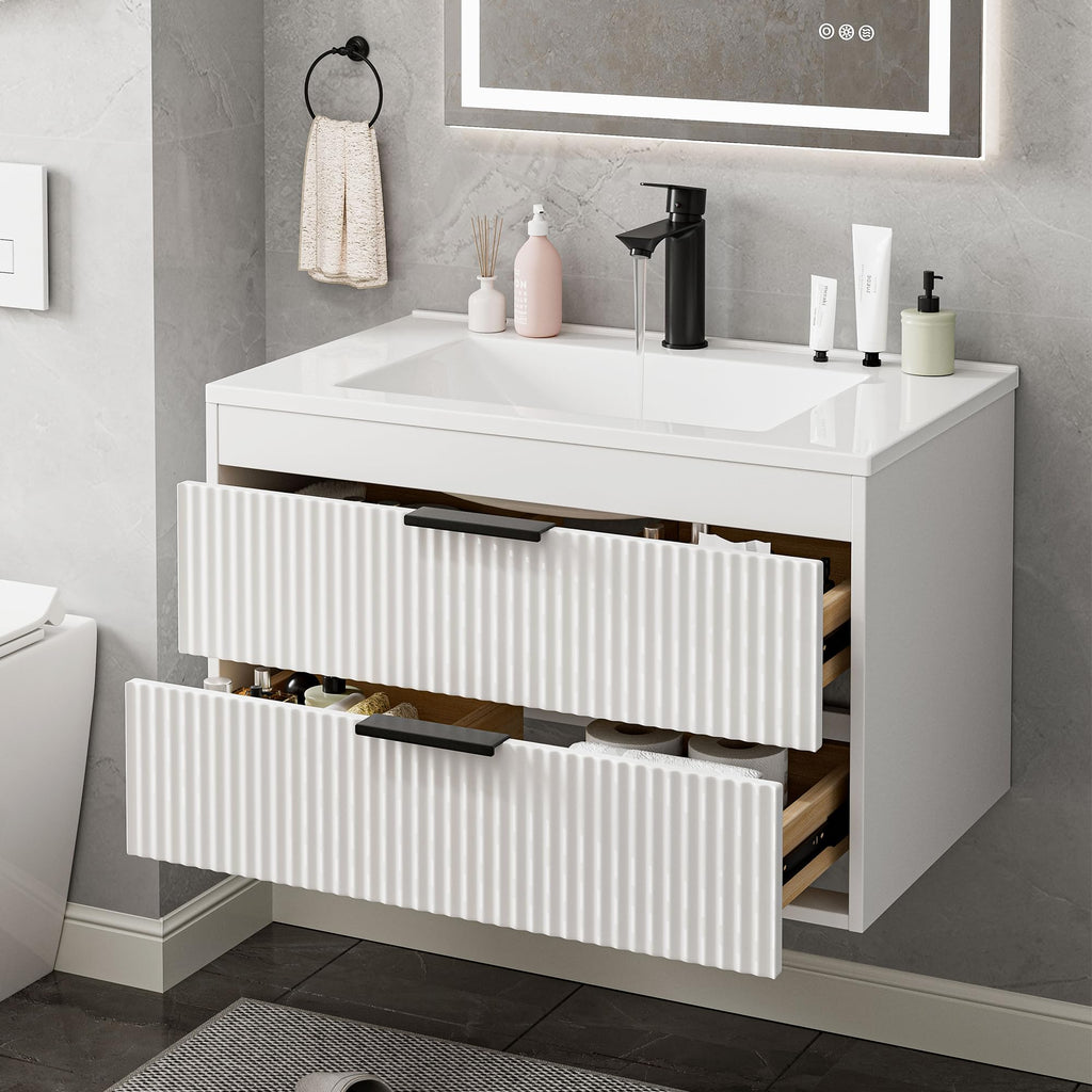 30 Inches Modern MDF Bathroom Vanity with Sink, Wall Mounted Floating Cabinets w/Double Drawers, Black Handles, White Resin Sink Combo Set (White, 30")