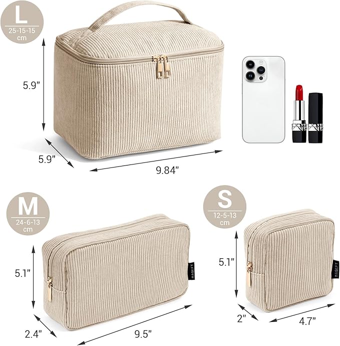 MAGEFY Makeup Bag, 3 Pcs Cosmetics Bag Large Capacity with Handle Make Up Bag for purse Corduroy Bag Pouch for Purse Travel Makeup Organizer Bag-Beige