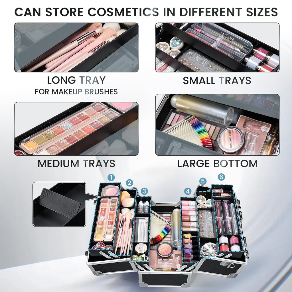 FRENESSA Makeup Train Case Makeup Case 12.6 Inch Large Cosmetic Box Organizer Travel Storage Professional Make Up Train Carrying Case with 6 Trays Locking Shoulder Strap Hard Vanity Storage Black