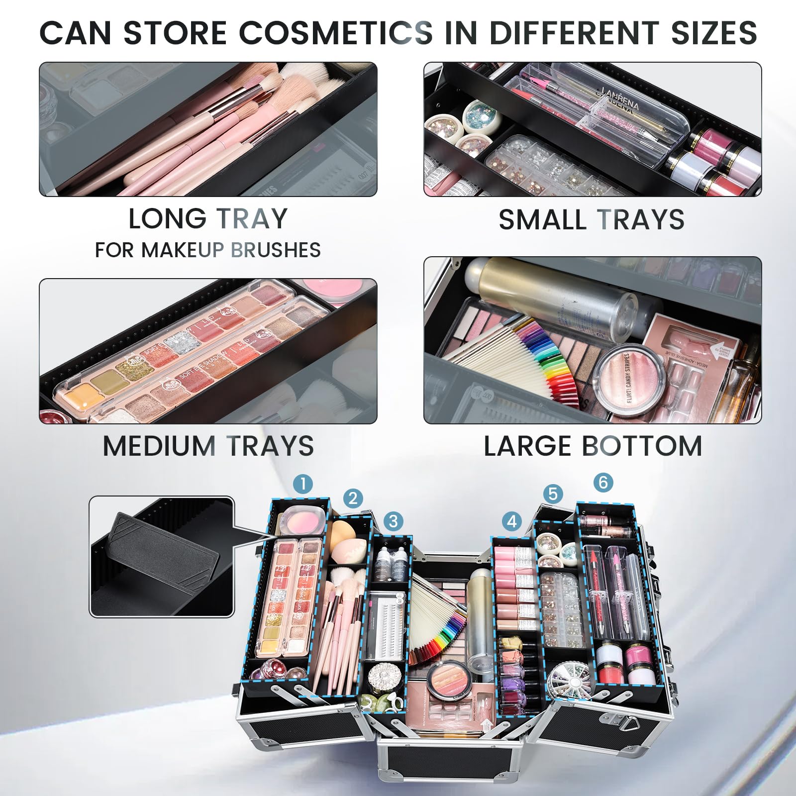 FRENESSA Makeup Train Case Makeup Case 12.6 Inch Large Cosmetic Box Organizer Travel Storage Professional Make Up Train Carrying Case with 6 Trays Locking Shoulder Strap Hard Vanity Storage Black