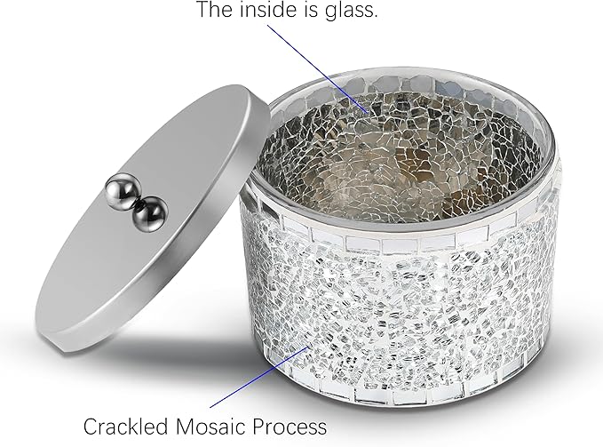 Bathroom Jars q tip holder, Mosaic Glass Cotton Swab Holder, Cosmetics Makeup Accessories Storage for Makeup Sponge Bath Salts Storage Christmas Birthday, Silver