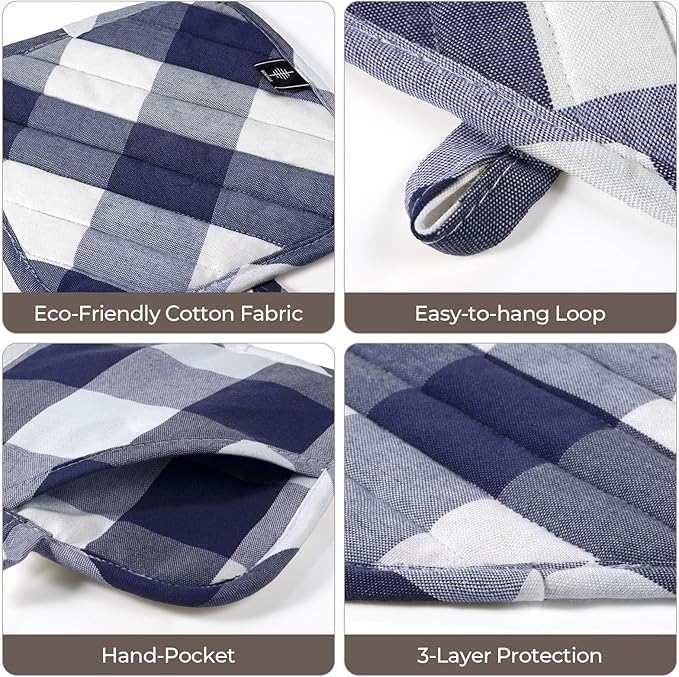 Cotton Pot Holders for Kitchen Heat Resistant Potholder, Hot Pads, Trivet Coaster Non-Slip Potholders Set for Cooking and Baking (2, Blue Plaid, Square，8.27 in²)