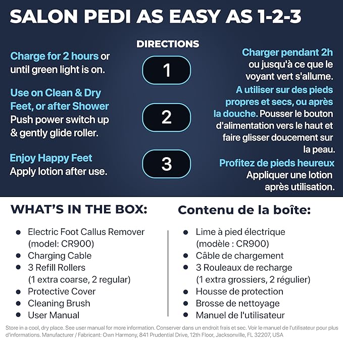 Electric Callus Remover: Rechargeable Electronic Foot File CR900 by Own Harmony (Powerful Motor) Best Pedicure Tools w 3 Rollers Professional Pedi Feet Care Sander for Cracked Heels and Hard Skin